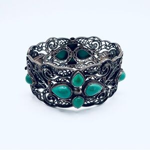 Vintage BJ Sterling Silver Turquoise Filigree Hinge Cuff Bracelet